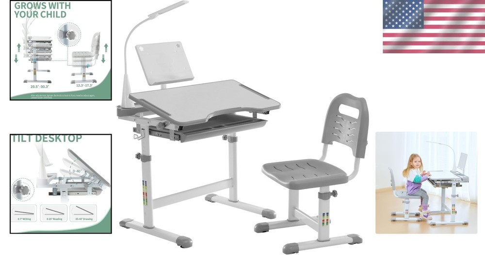 Ergonomic Children Study Desk with LED Light, Grey