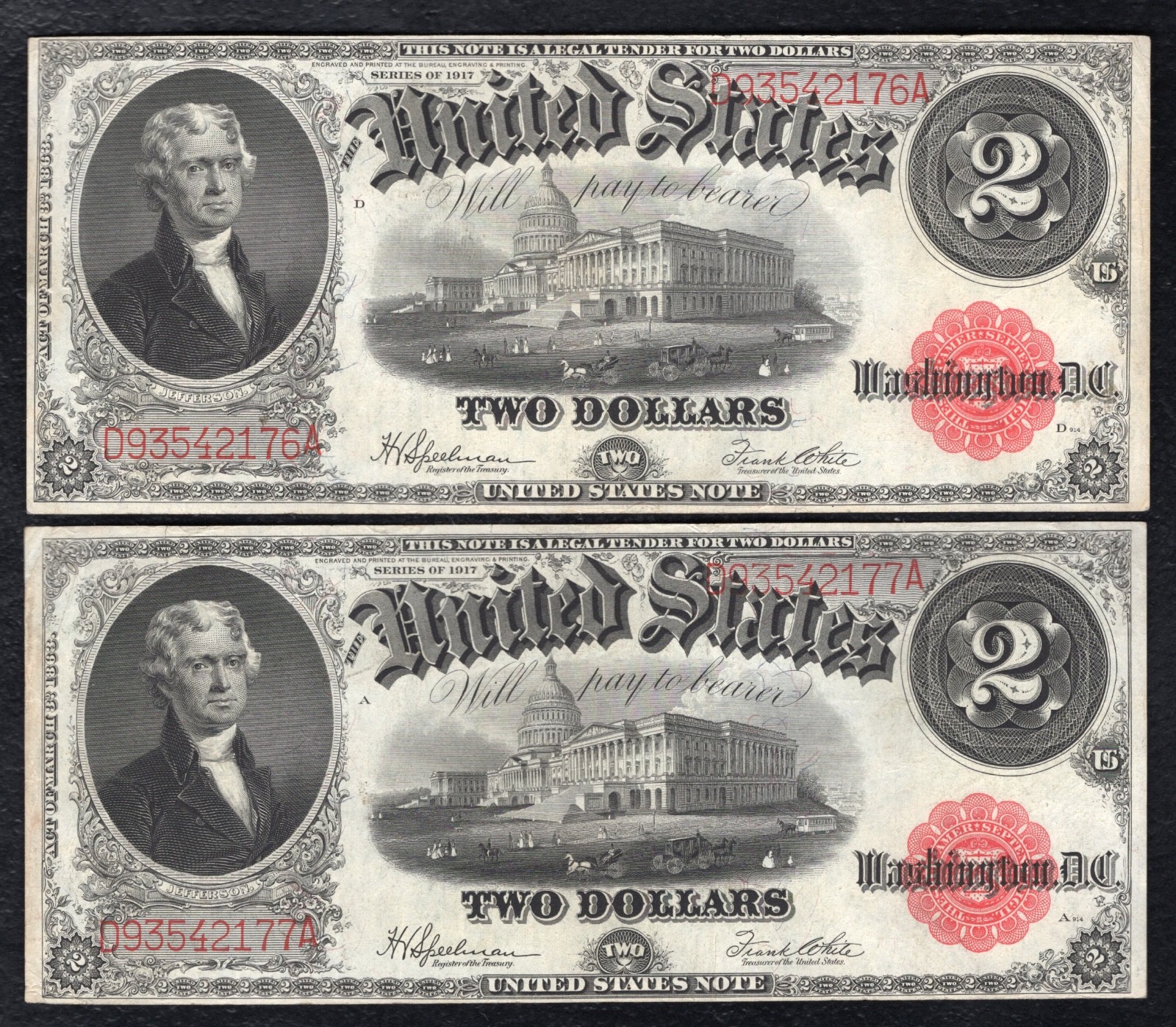 (2) CONSECUTIVE 1917 $2 LEGAL TENDER UNITED STATES NOTES ABOUT UNCIRCULATED