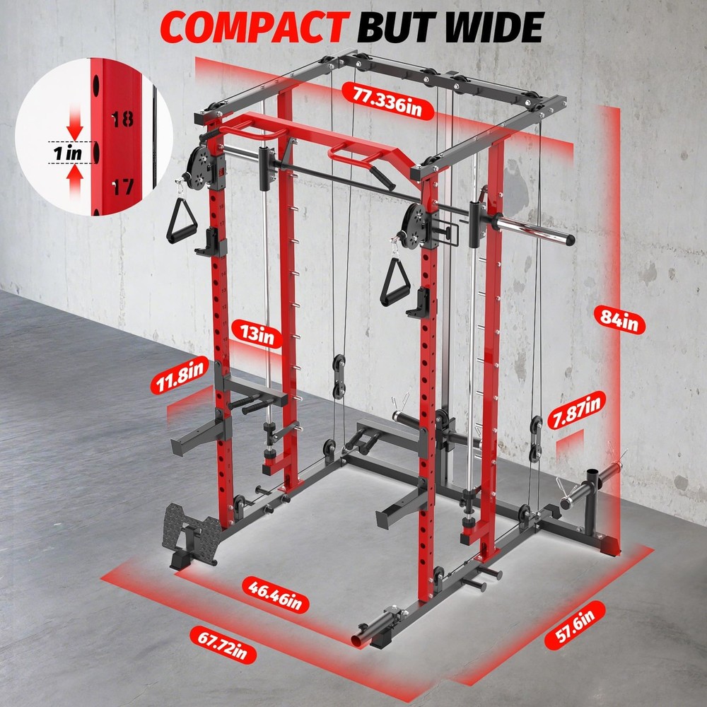 Smith Machine Squat Rack Power Cage w/ Pulley System, LAT Pulldown for Home Gym