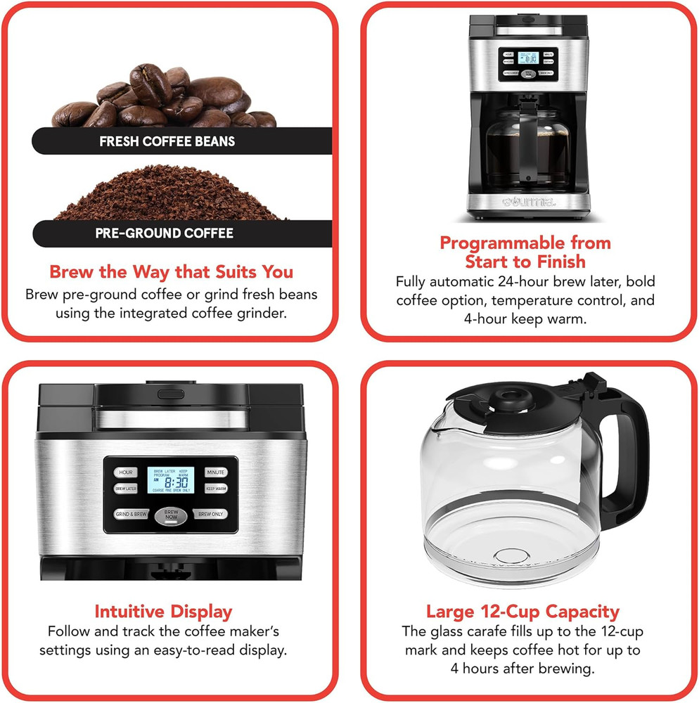 12-Cup Fully Automatic Coffee Maker with Grinder & Keep Warm Feature