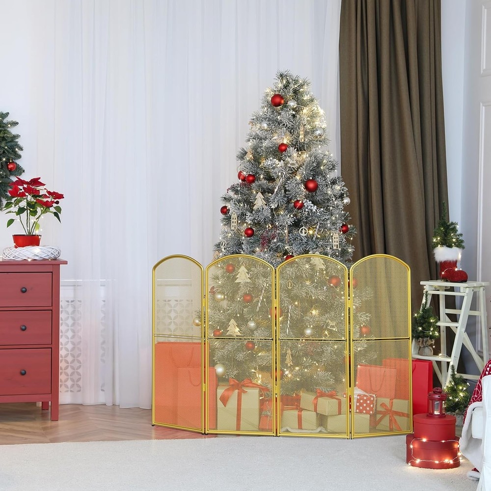 Fireplace Screen Stand Alone Gold Foldable Fireplace Gate 4 Panel Decorative