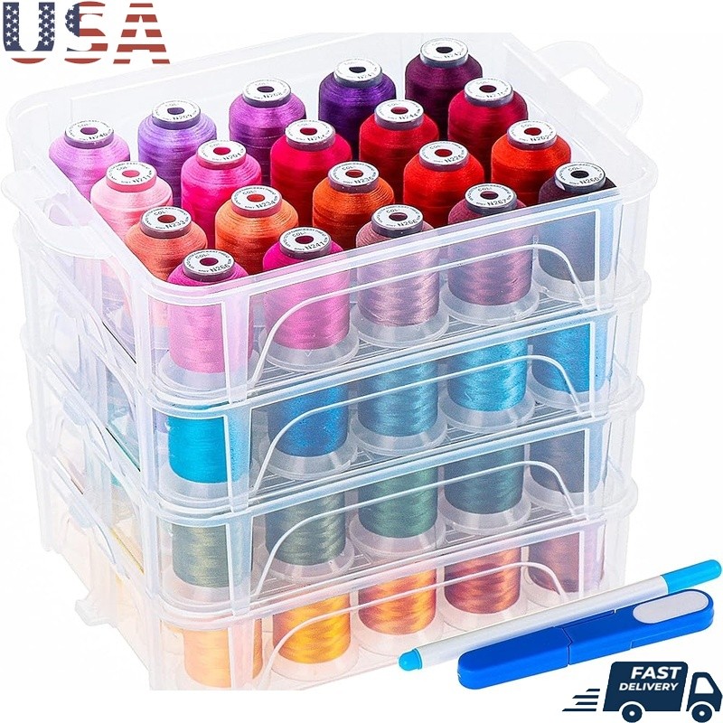 80 Spools Polyester Embroidery Thread Clear Storage Box W/ Snips Nets Chart New