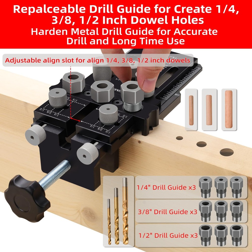 GOINGMAKE Dowel Jig Kit with Quick Positive Stop and Clamp, Adjustable Doweli...