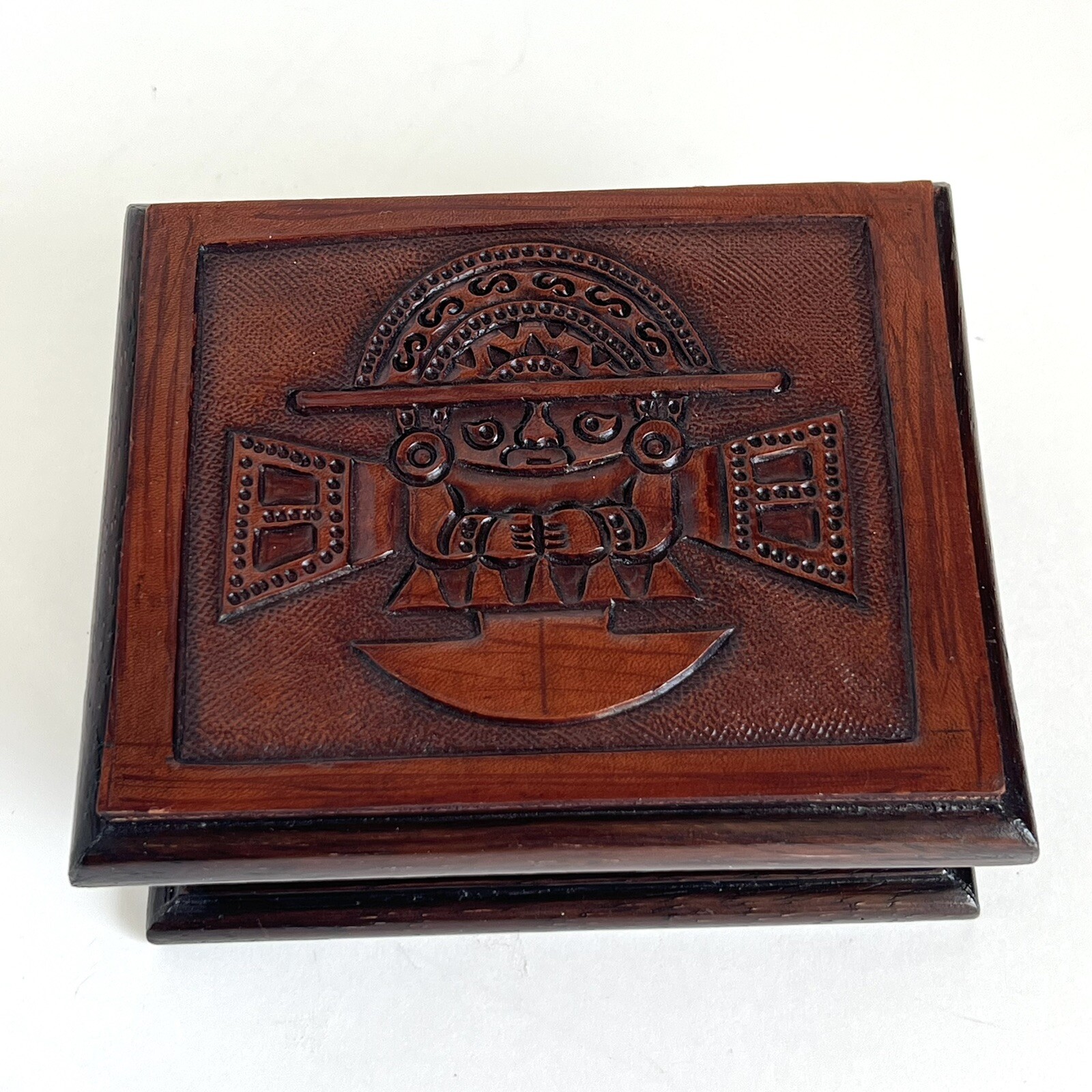 Engraved Wood Jewelry Trinket Box Peruvian Inca God of Creation With Mirror 5.5