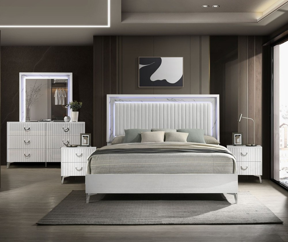 5pc Modern LED Light Upholstered Headboard Queen Bed Bedroom Set White