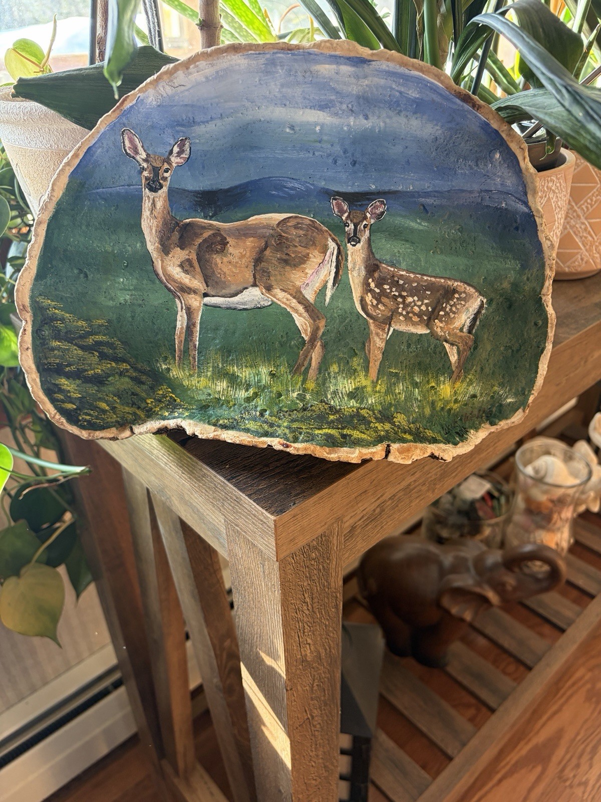 Tree Mushroom, Acrylic Painting, Doe, Fawn, Deer