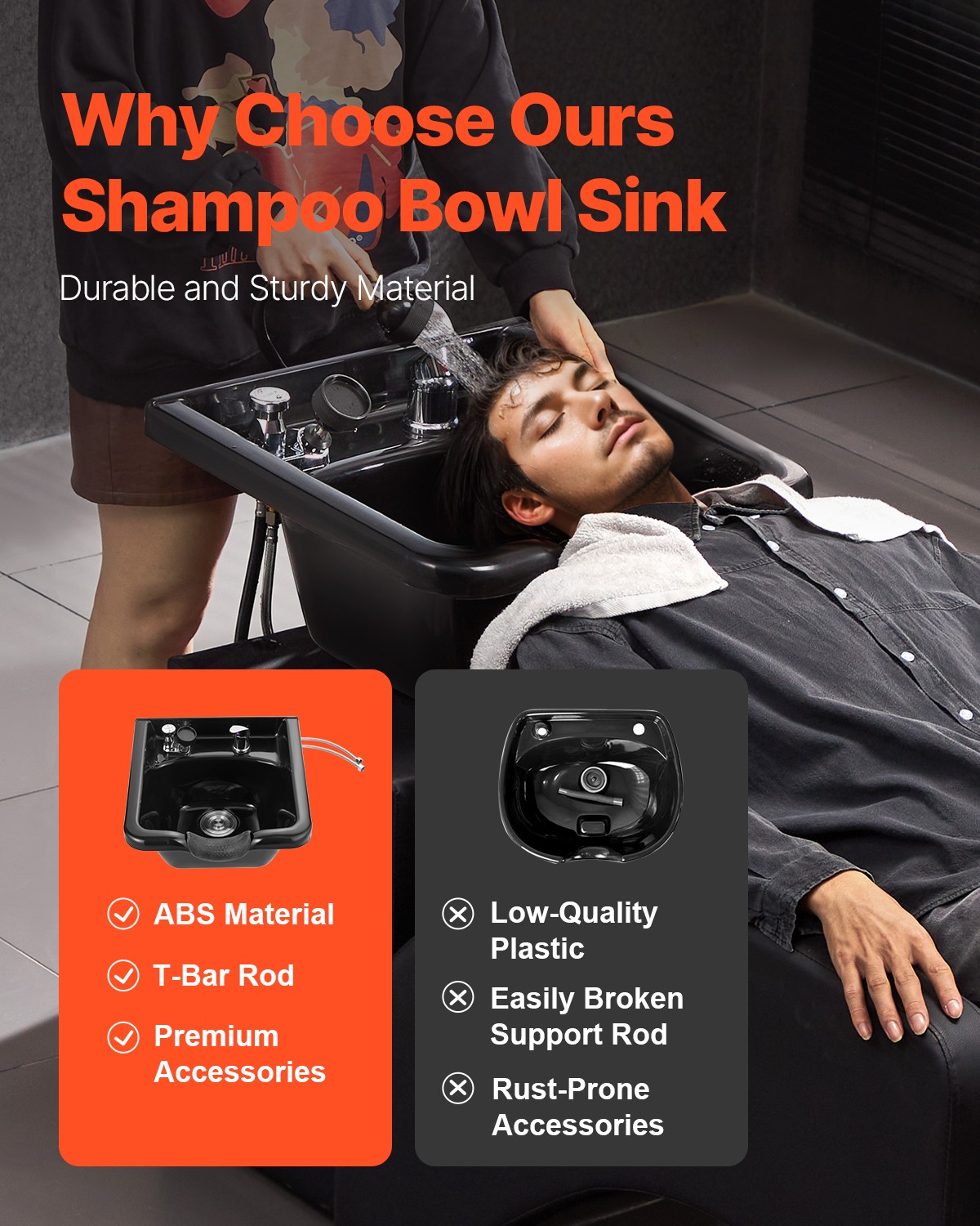 VEVOR Shampoo Bowl Black Square Plastic Shampoo Sink for Hair Wash Beauty Salon