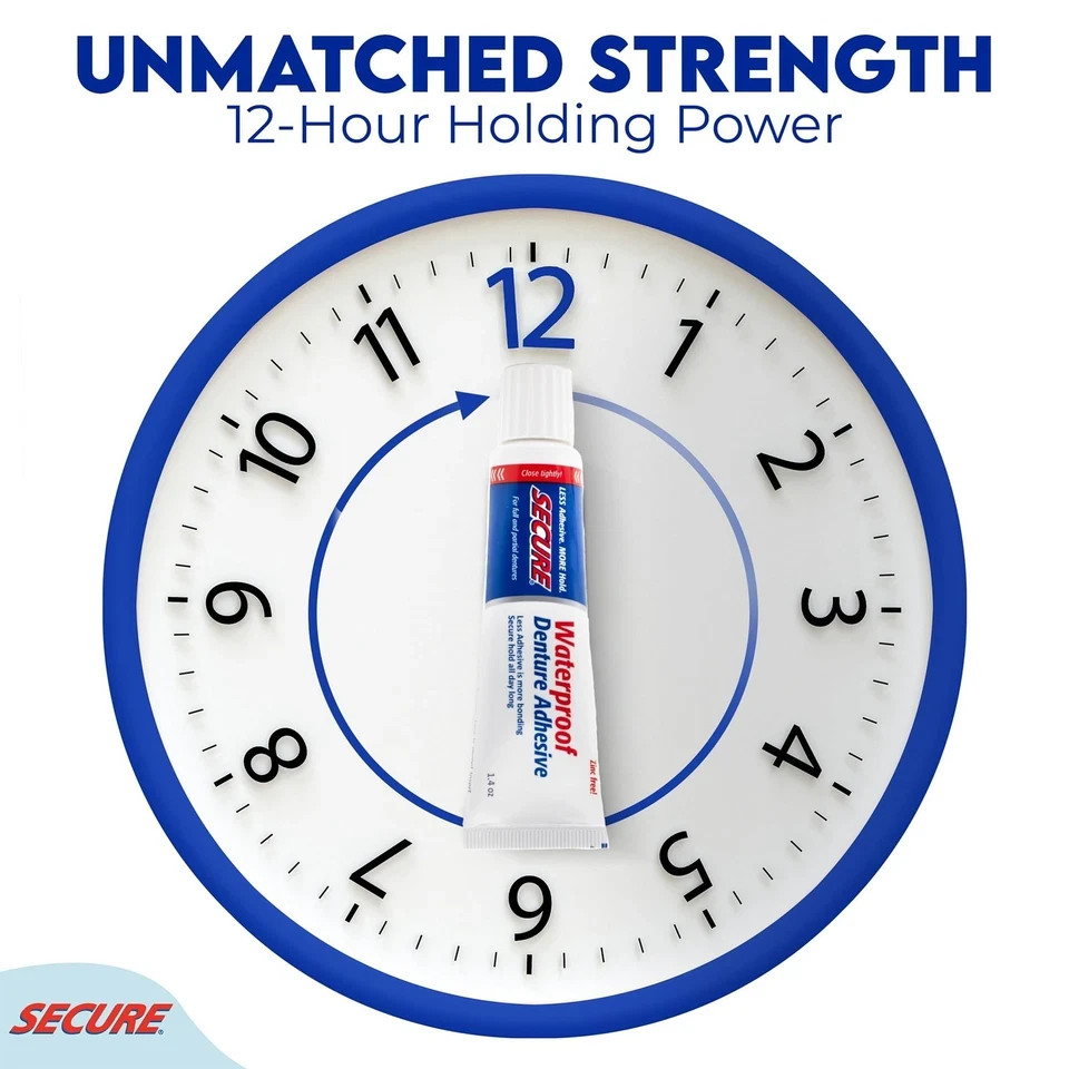 Secure Waterproof Denture Adhesive - Zinc Free - Extra Strong Hold For Upper,