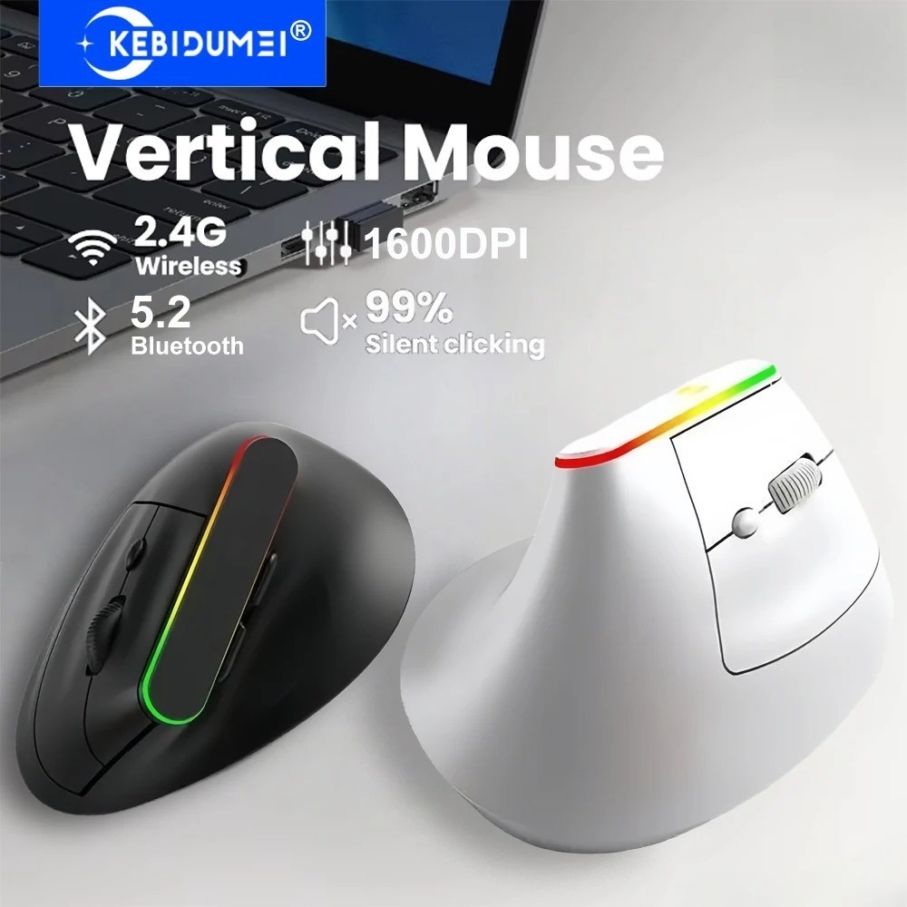 Dual Mode RGB Vertical Wireless Mouse – 2.4G & Bluetooth Ergonomic Rechargeable