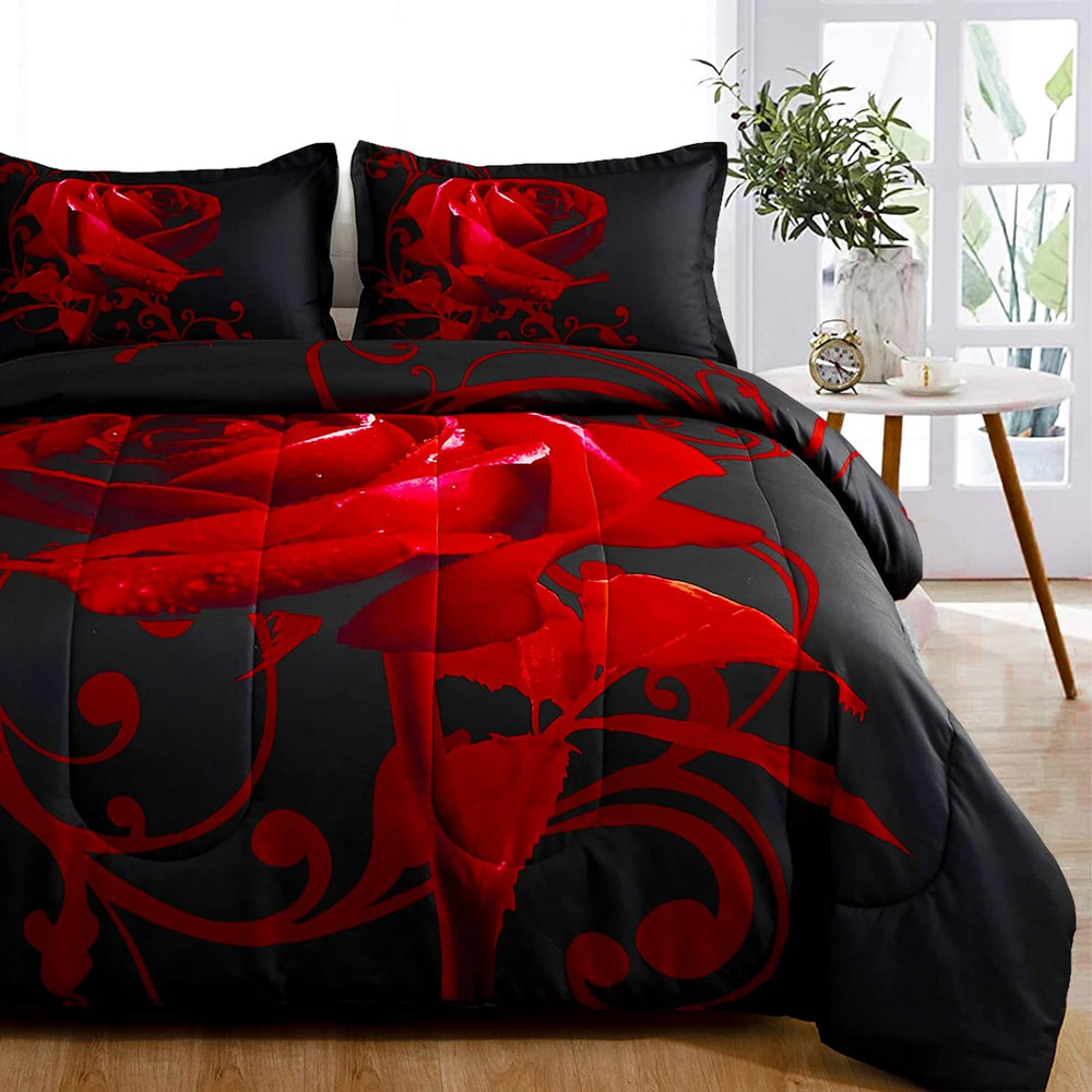 Red Comforter Set Queen Reversible Red Rose Pattern Printed Bedding down Comfort