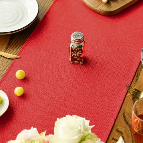 Tassel Table Runner, Christmas Linen Blend Rustic 13" x 36", Table Runner Red