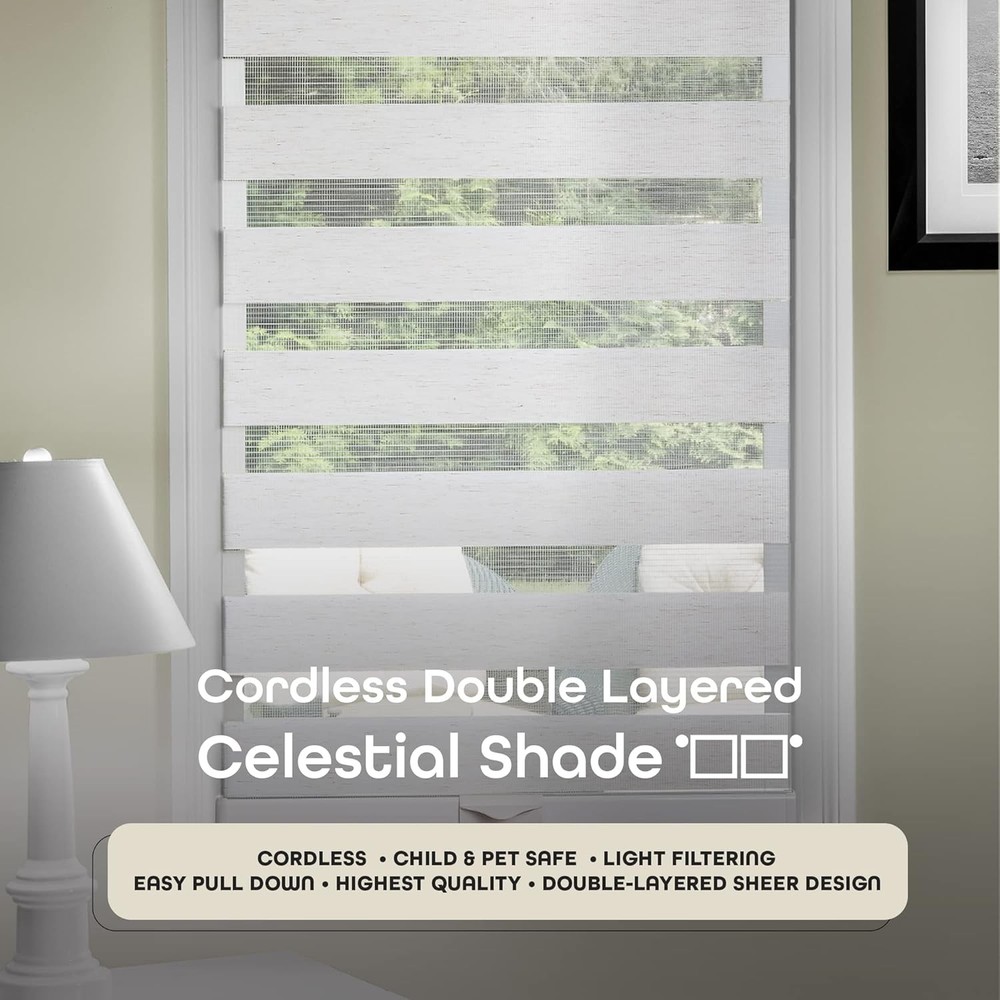 Cordless Celestial Sheer Double-Layered Window Roller Shade 35 Inch Width x 72
