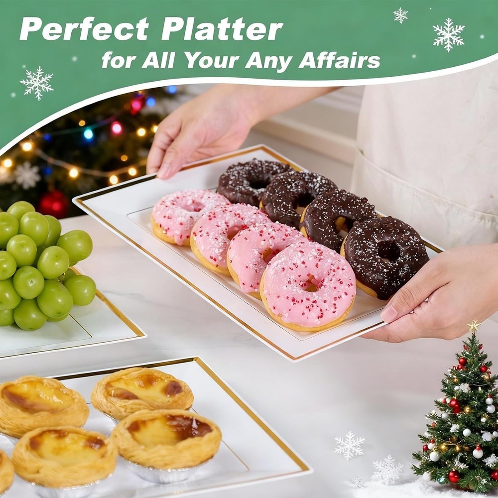 Plastic Serving Trays Gold Rim White Disposable Large Pack 8pcs