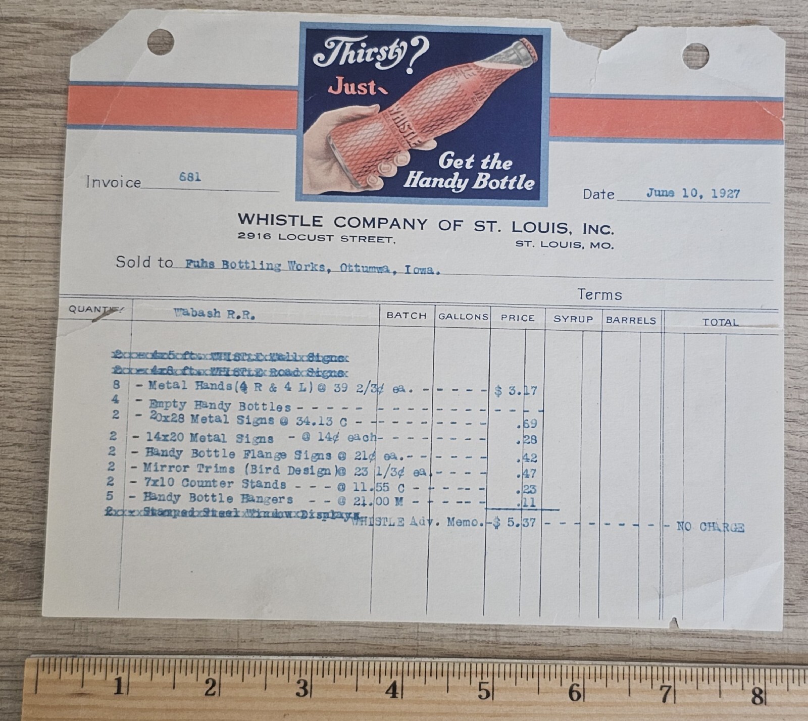 1927 Whistle Company of St. Louis Illustrated Billhead Receipt St. Louis, MO