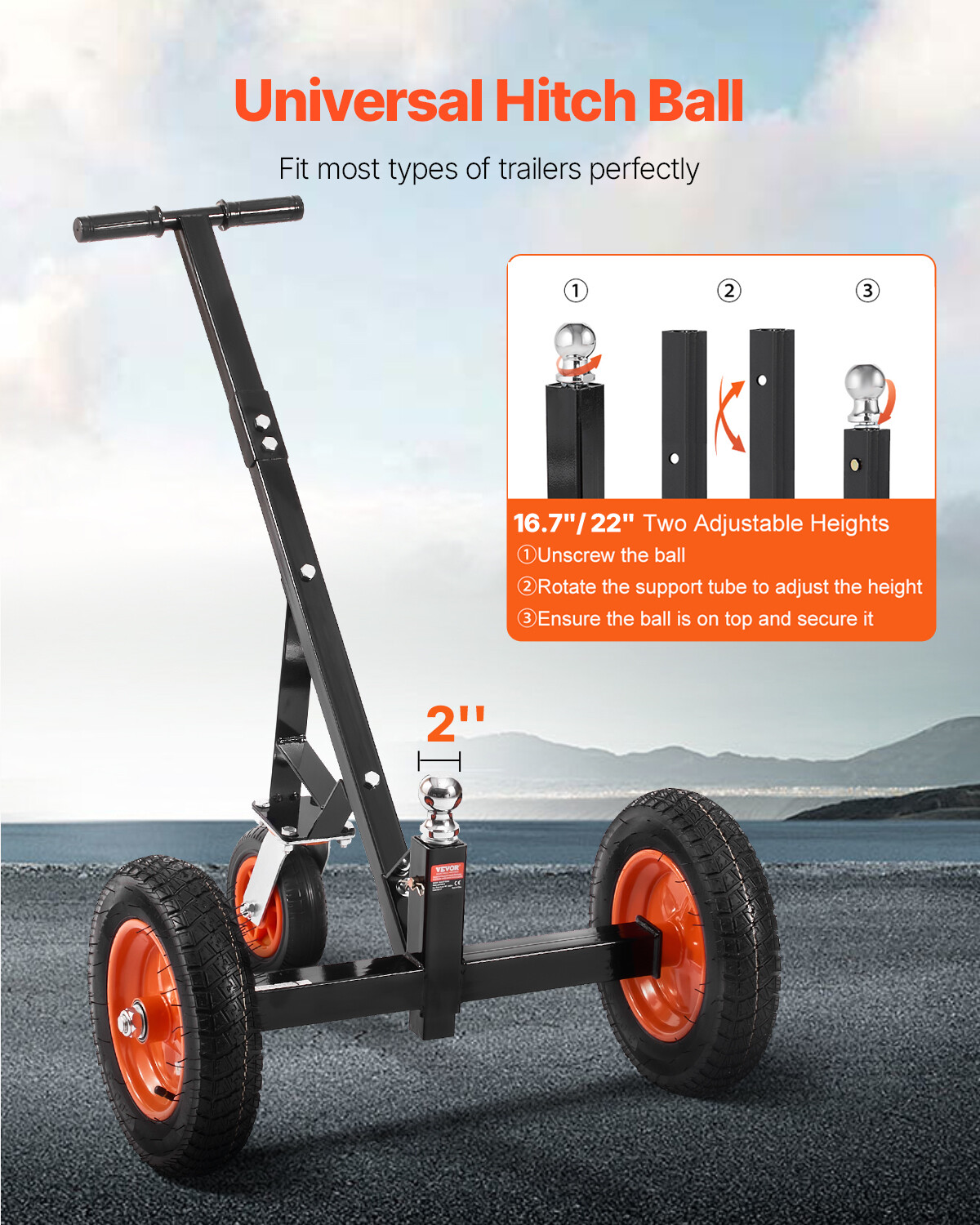 1000lbs Trailer Dolly 16.7 and 22 in Adjustable Height 2 in Ball 14 in Tires