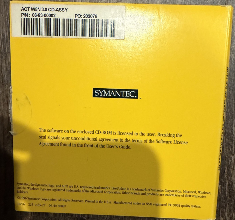 SYMANTEC ACT 3.0 WINDOWS 95/NT PC CUSTOMER MANAGEMENT SOFTWARE