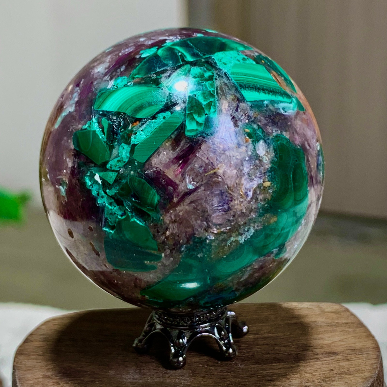 105G Newly discovered rare malachite purple mica symbiotic sphere restoration