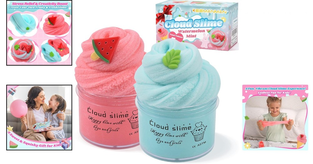 Delightful Cloud Slime Kit - 2 Pack with Mint & Watermelon Charms, Gift-Ready!