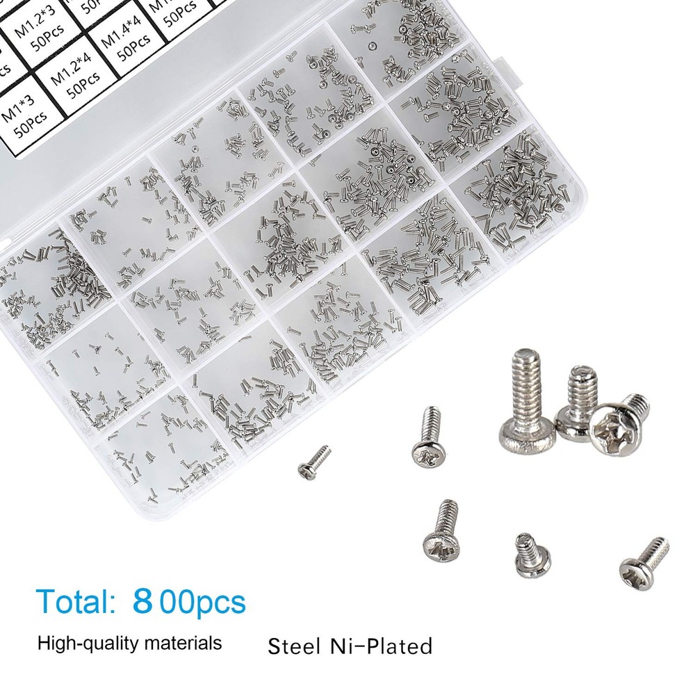 800pcs Tiny Screws for Electronics, M1 M1.2 M1.4 M1.6 M1.7, Silver