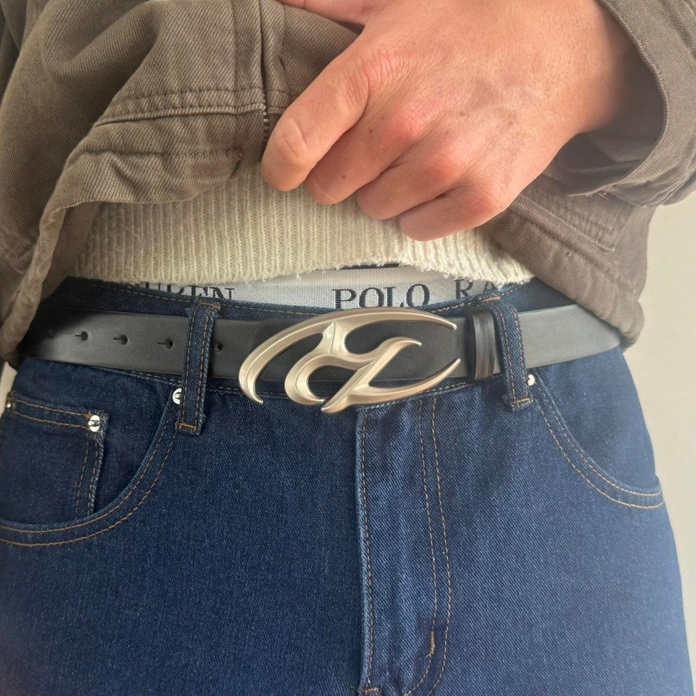 Y2K Silver and Black Leather Belt with Bold Design