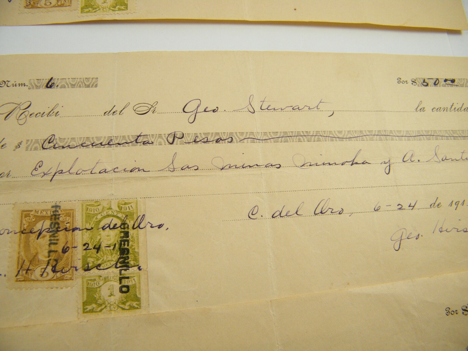 1911 EXPLOTACION MINOKA MINES PAYMENT RECEIPTS WRITTEN IN SPANISH 50 PESOS