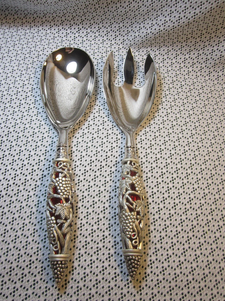 Neiman Marcus Silver Plate 2 Piece Ruby Red Handle Godinger Serving Spoon Fork
