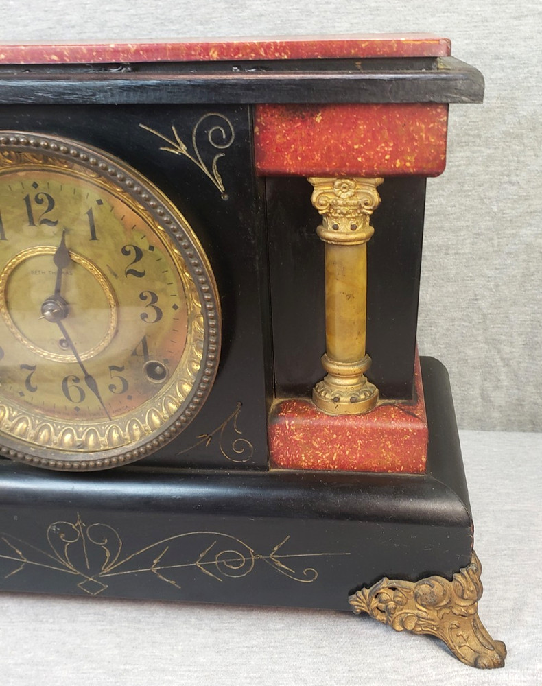 Antique Seth Thomas Red & Black Two Column Adamantine Mantel Clock & Pendulum PR