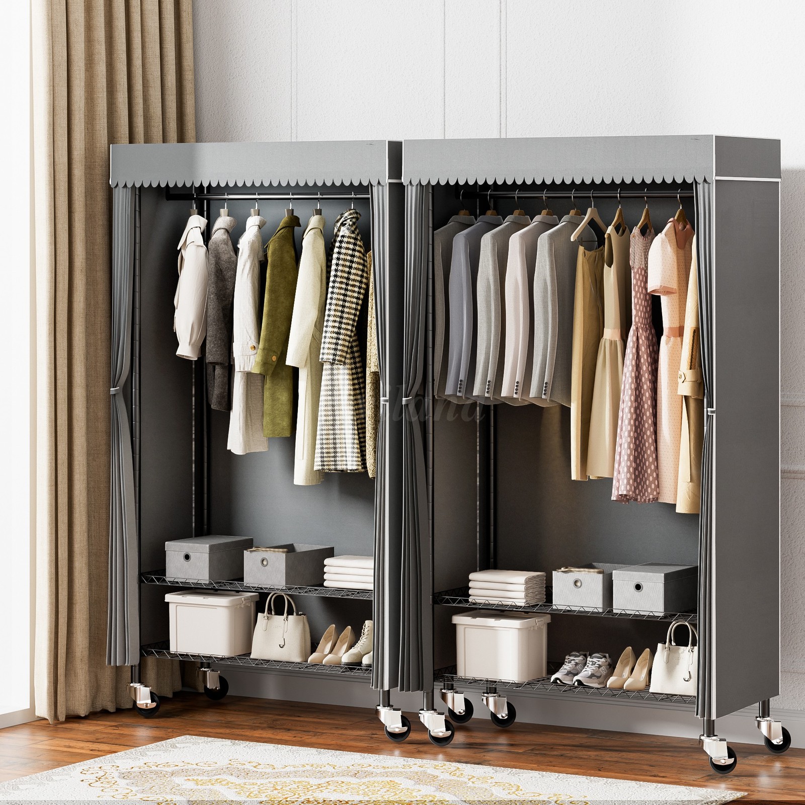 3 Tiers Heavy Duty Rolling Garment Rack with Wheels, Adjustable Shelf, Bedroom