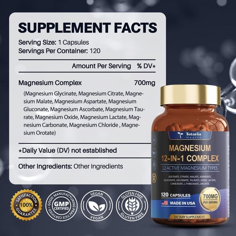 Magnesium 12 in 1 Complex 700mg - Glycinate Citrate Malate Taurate Daily Support