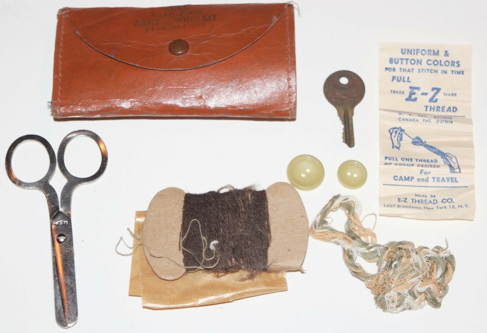 Vintage WWII Army Air Corp E-Z Sewing Kit w/ Scissors Military GI Brown Leather