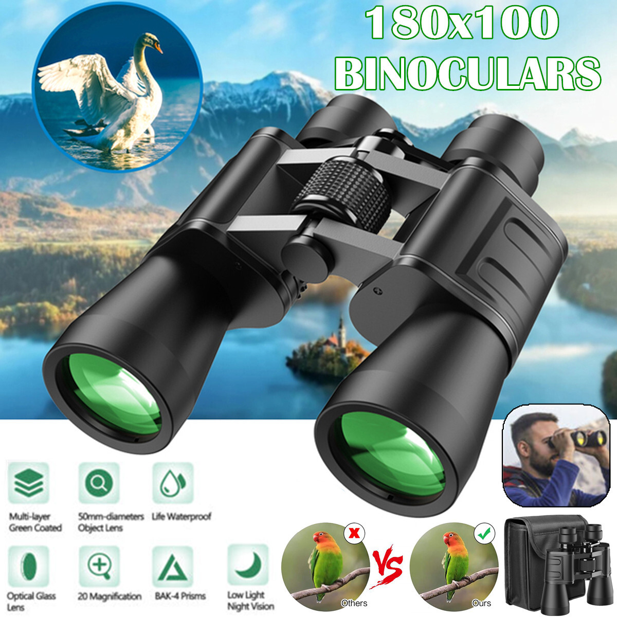 Military Zoom 180x100 Powerful Binoculars Day/Low Night Camping Hunting Outdoor