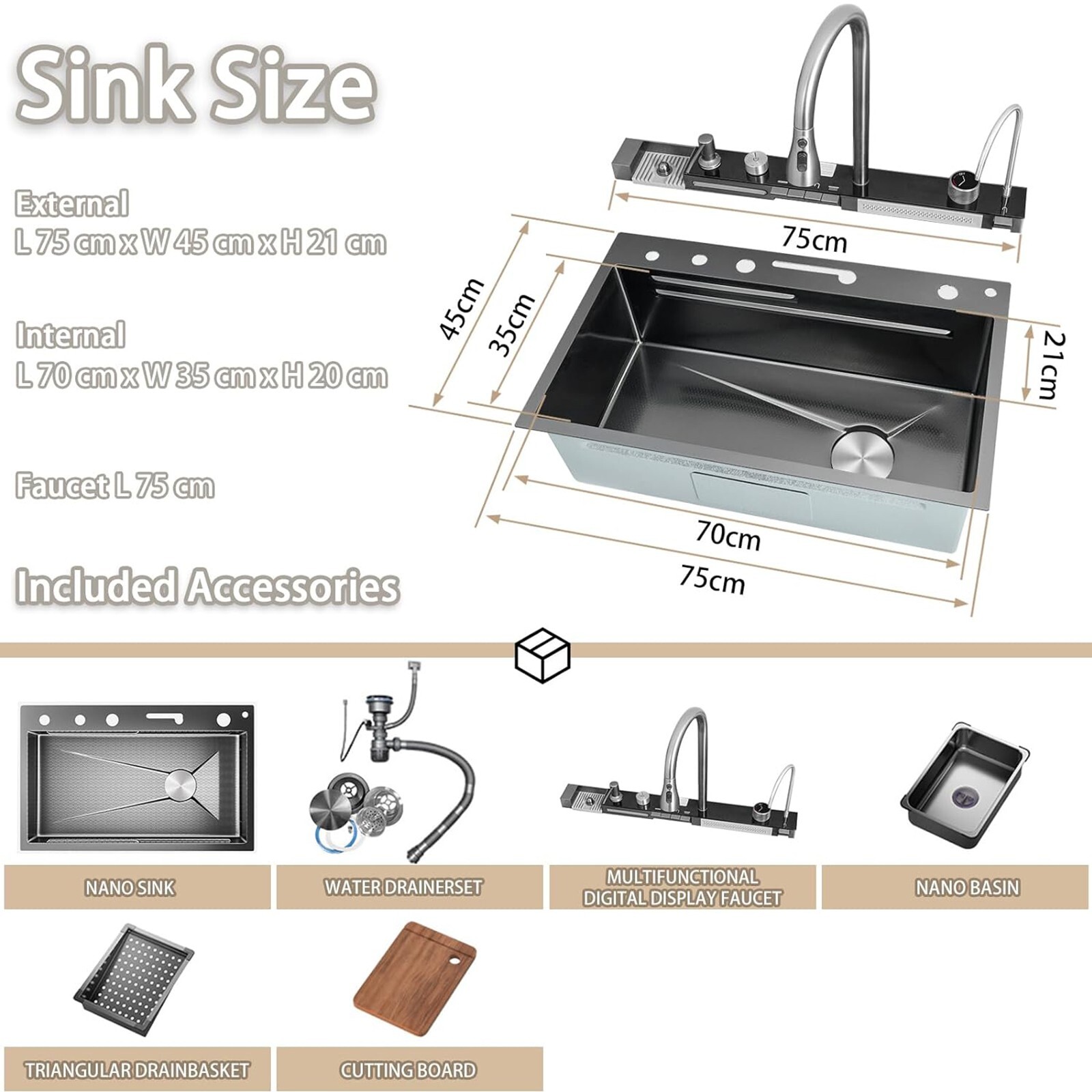 Flying Rain Stainles Steel Waterfall Kitchen Sink with Pull Down Faucet 29.5INCH