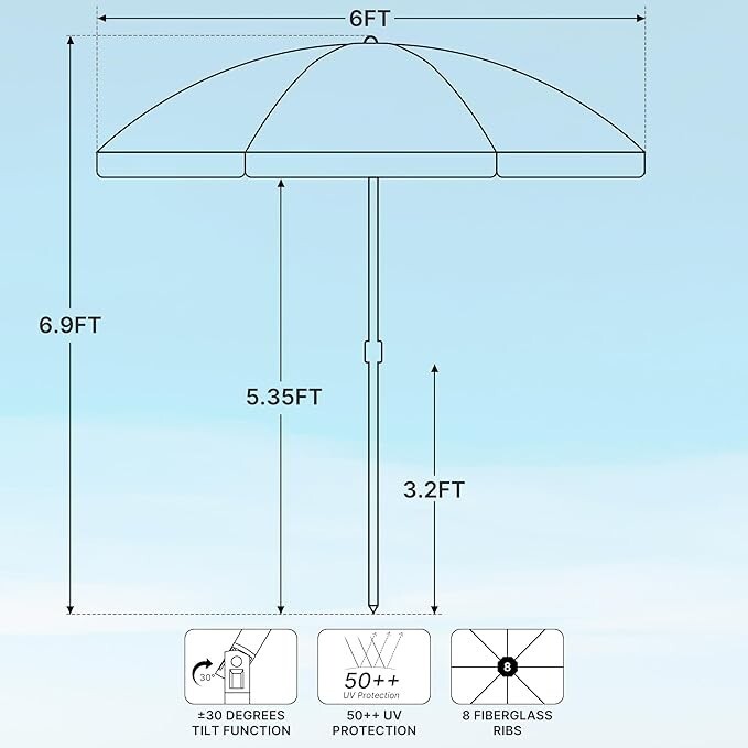 6 Ft Outdoor Patio, beach Umbrella UPF 50+ Protection, 8 Ribs, Push Button Tilt