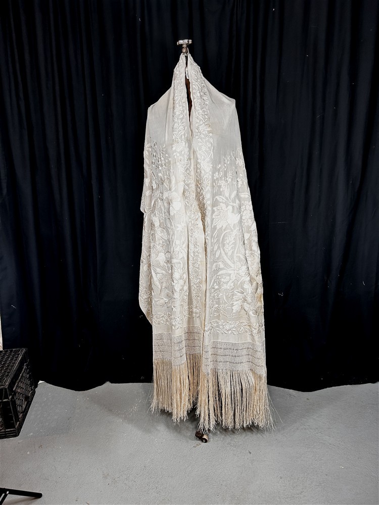 antique silk shawl embroidered white large 26x90 fringe 16 in. original 1800