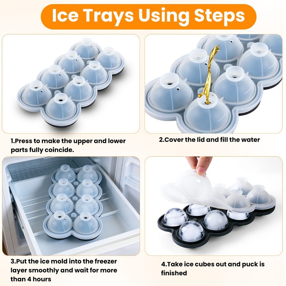 2x Large 8-Cube Ice Tray with Easy-Release Design Round Silicone Ice Cube Tray