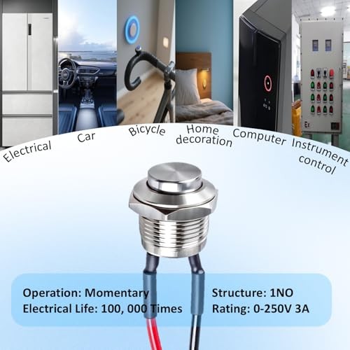 (2-Pack) 12mm Silver Metal Waterproof Momentary Push Button 12mm High Head