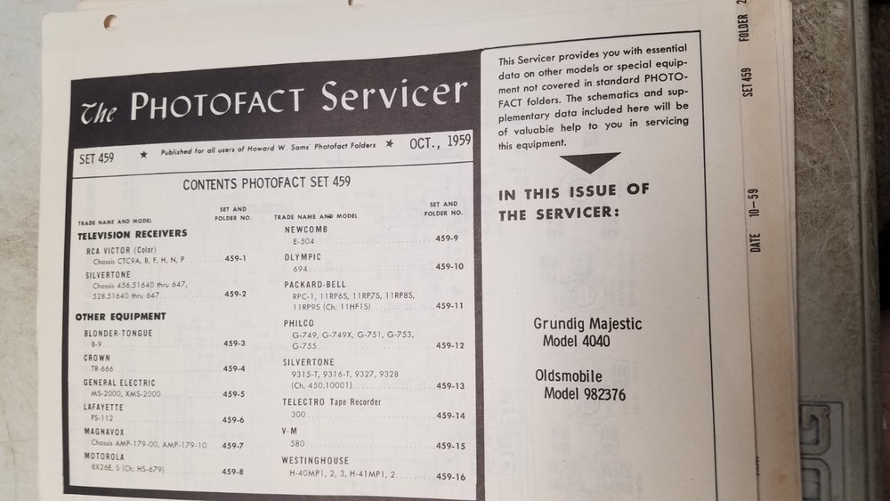 Sams Photofact Set 459 10/59 Complete Set (D)