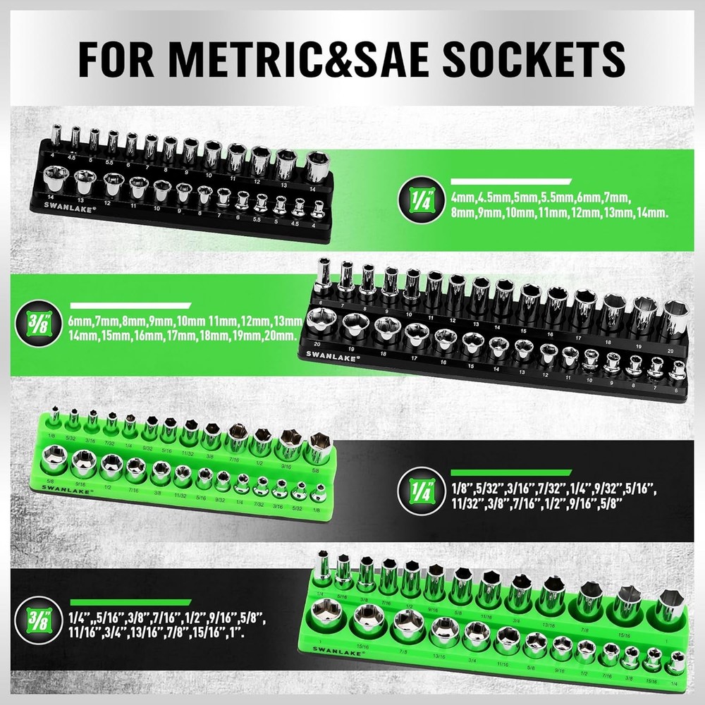 Magnetic Socket Organizer Set, Metric & SAE Socket Holder Set Includes 1/4"