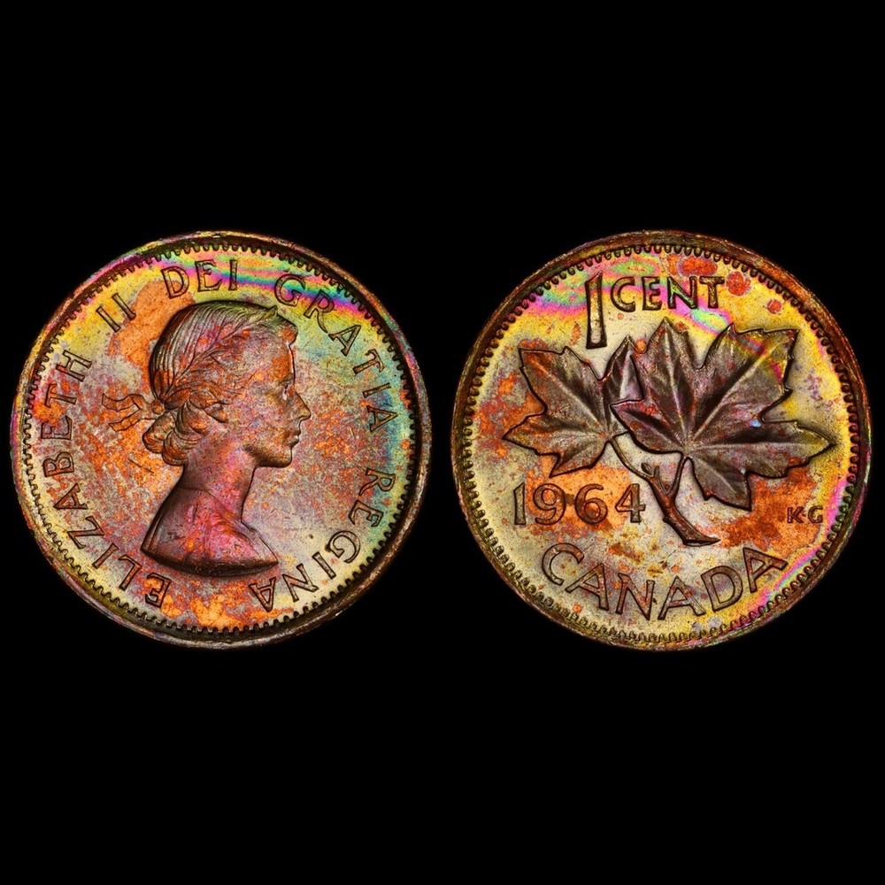 MS64RB 1964 Canada 1C Maple Leaf Cent, PCGS Trueview- Pretty Rainbow Toned