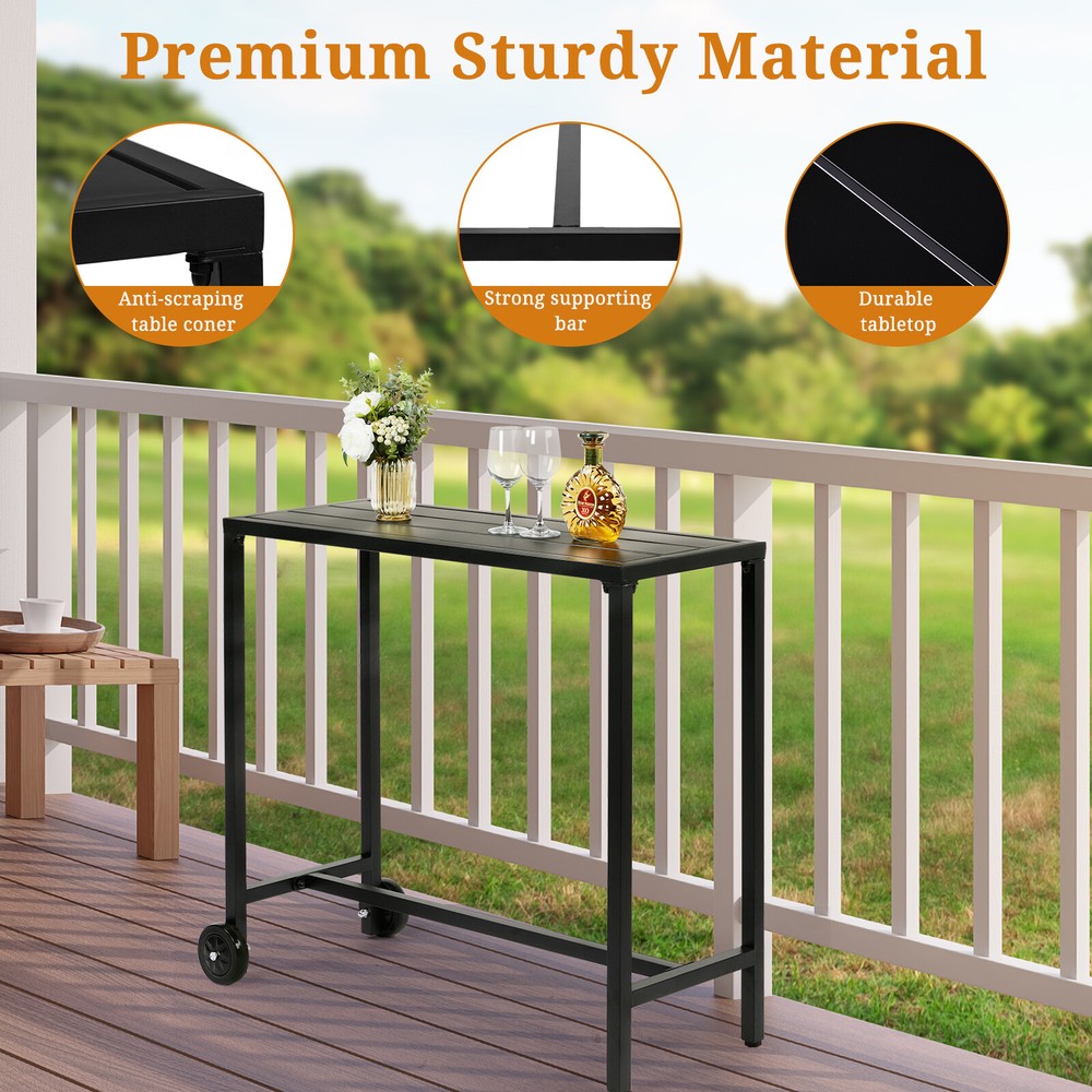 40" Outdoor Bar Patio Table with Wheels, Rectangle Narrow Counter Height Table