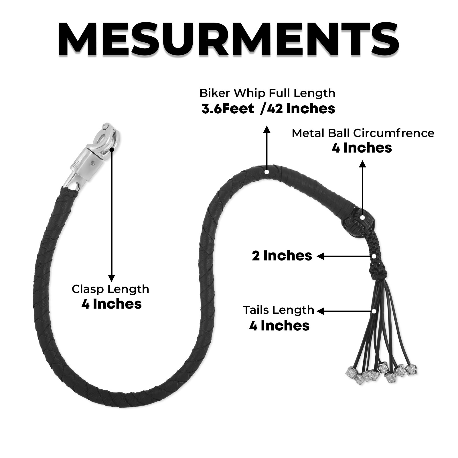 42" Leather Motorcycle Get Back Whip 1 Ball & Skulls Handlebar Black Biker Whip