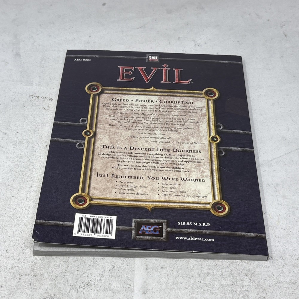 Dungeons & Dragons Evil Sourcebook AEG 8501 D&D D20 Softcover Supplement Guide
