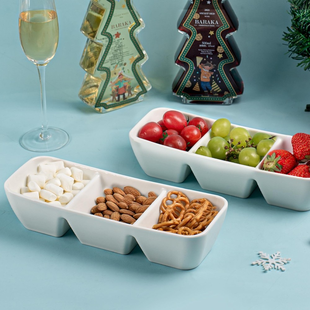 11 Inch Ceramic Divided Serving Tray 3 Compartment Condiment Dishes