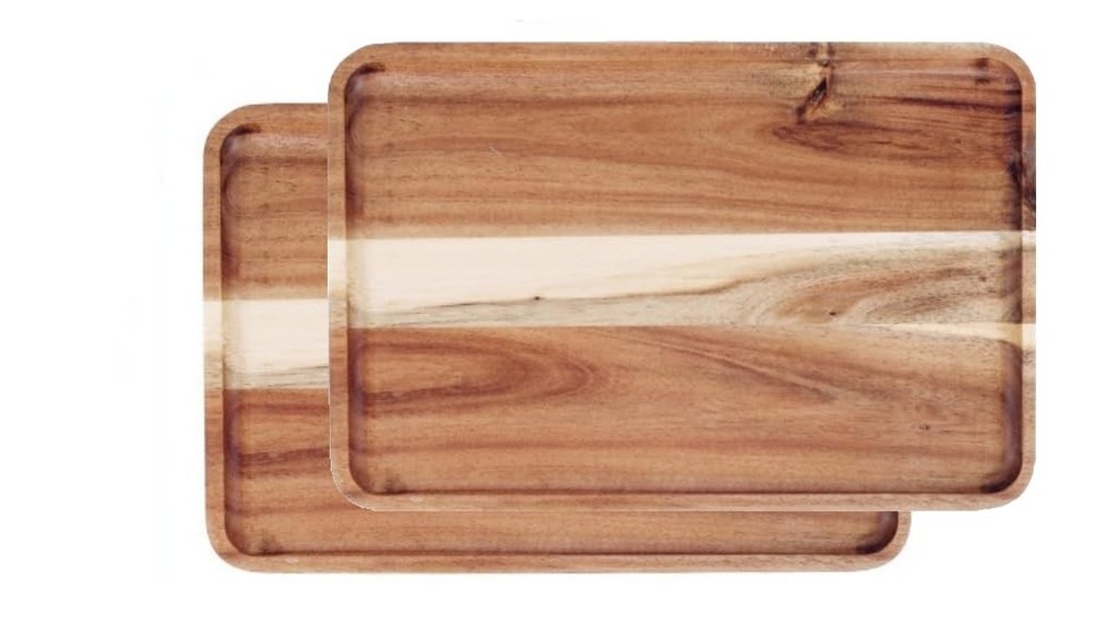 2 PCS Solid Acacia Wood Serving Trays Rectangular Wooden Serving Platters Nat...