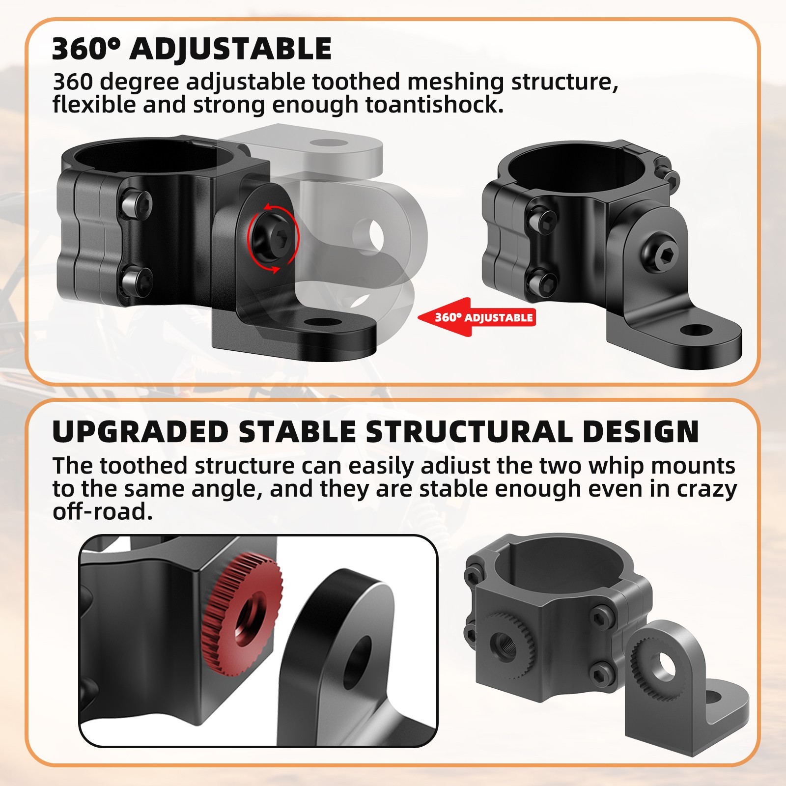 2PCS UTV ATV Whip Light Mount Flag Brackets 360°Adjustable For 1.65"-2" Roll Bar