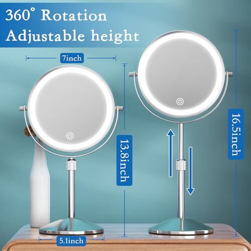 Vanity Mirror with Lights 7" Rechargeable 1x/10x Lighted Makeup Mirror Adjust...