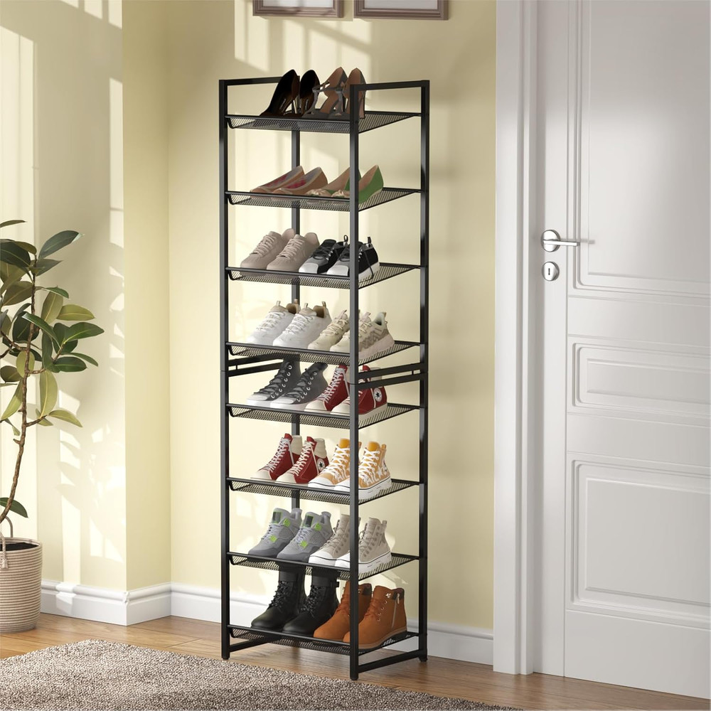 Metal Tall Shoe Rack, 8-Tier Stackable Shoe Shelf, with Adjustable Flat or Angle