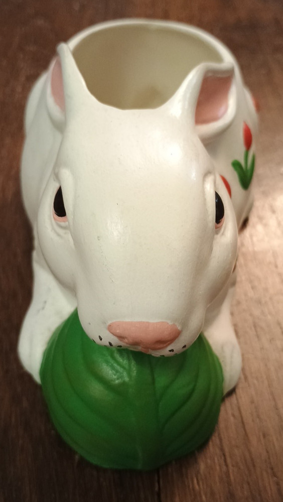Vtg Hand Painted White 3D Rabbit w Cabbage Tulips Easter Spring Ceramic Planter