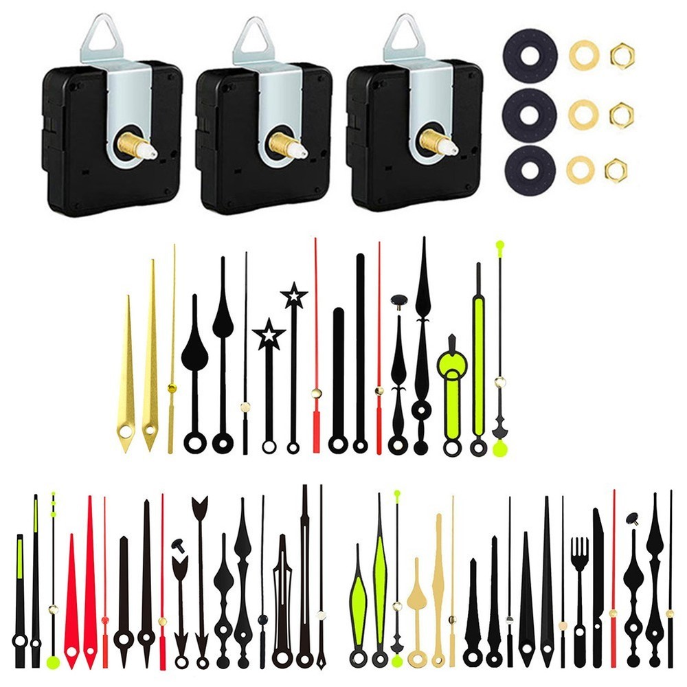 Complete Wall Clock Mechanism Set Three Movements and Six Metal Pointers