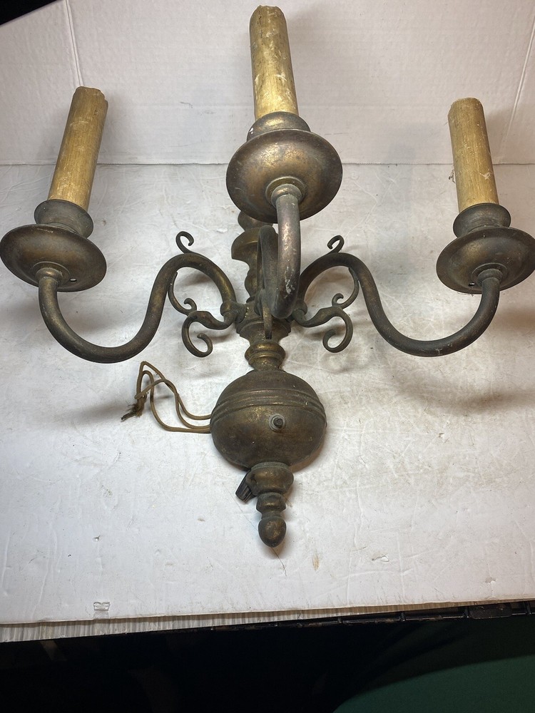 Antique Pair Brass Wall Hanging 3 Socket Light Sconces